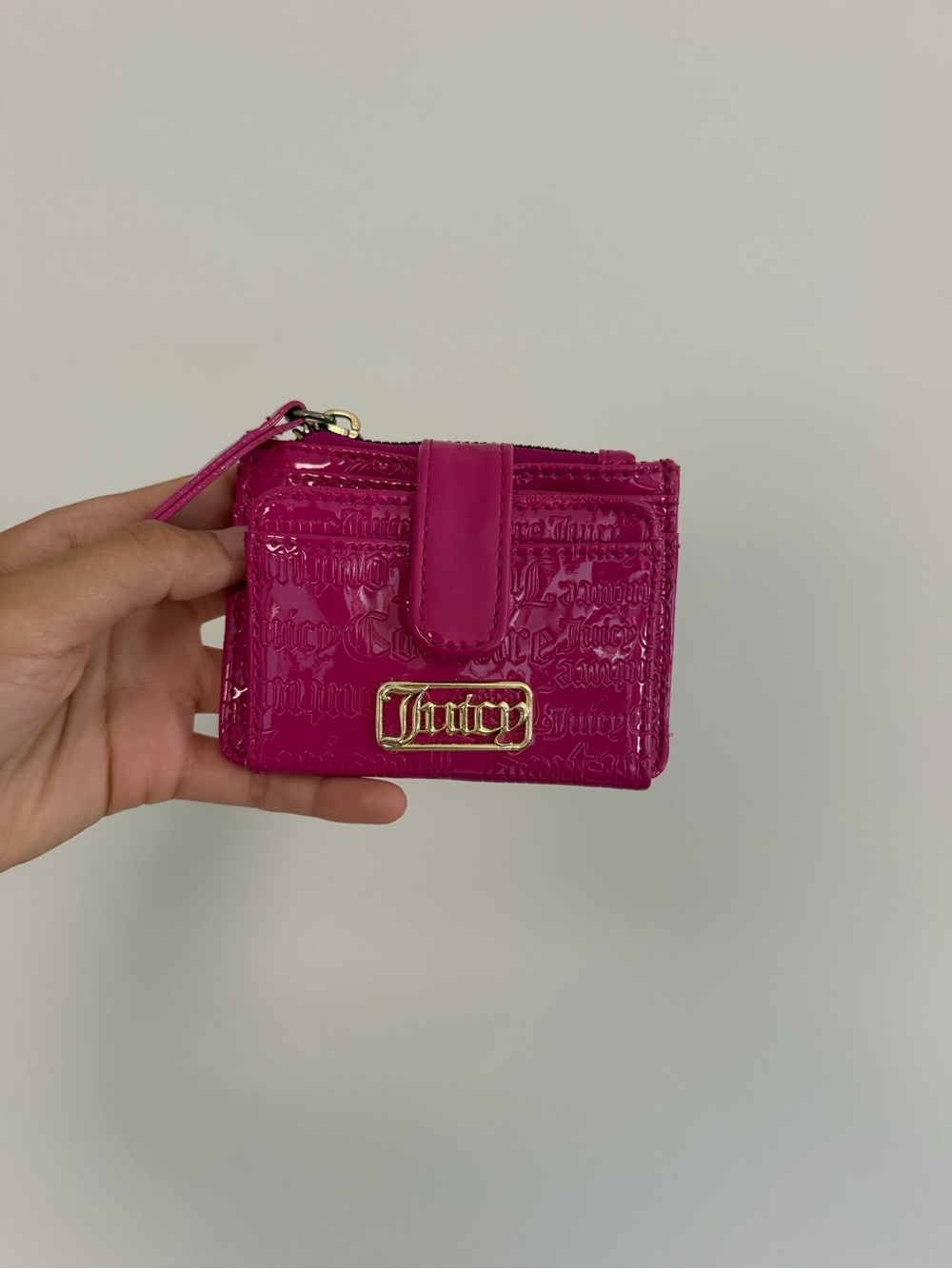 Juicy Couture Patent Magenta Card Wallet with Gold Plaque